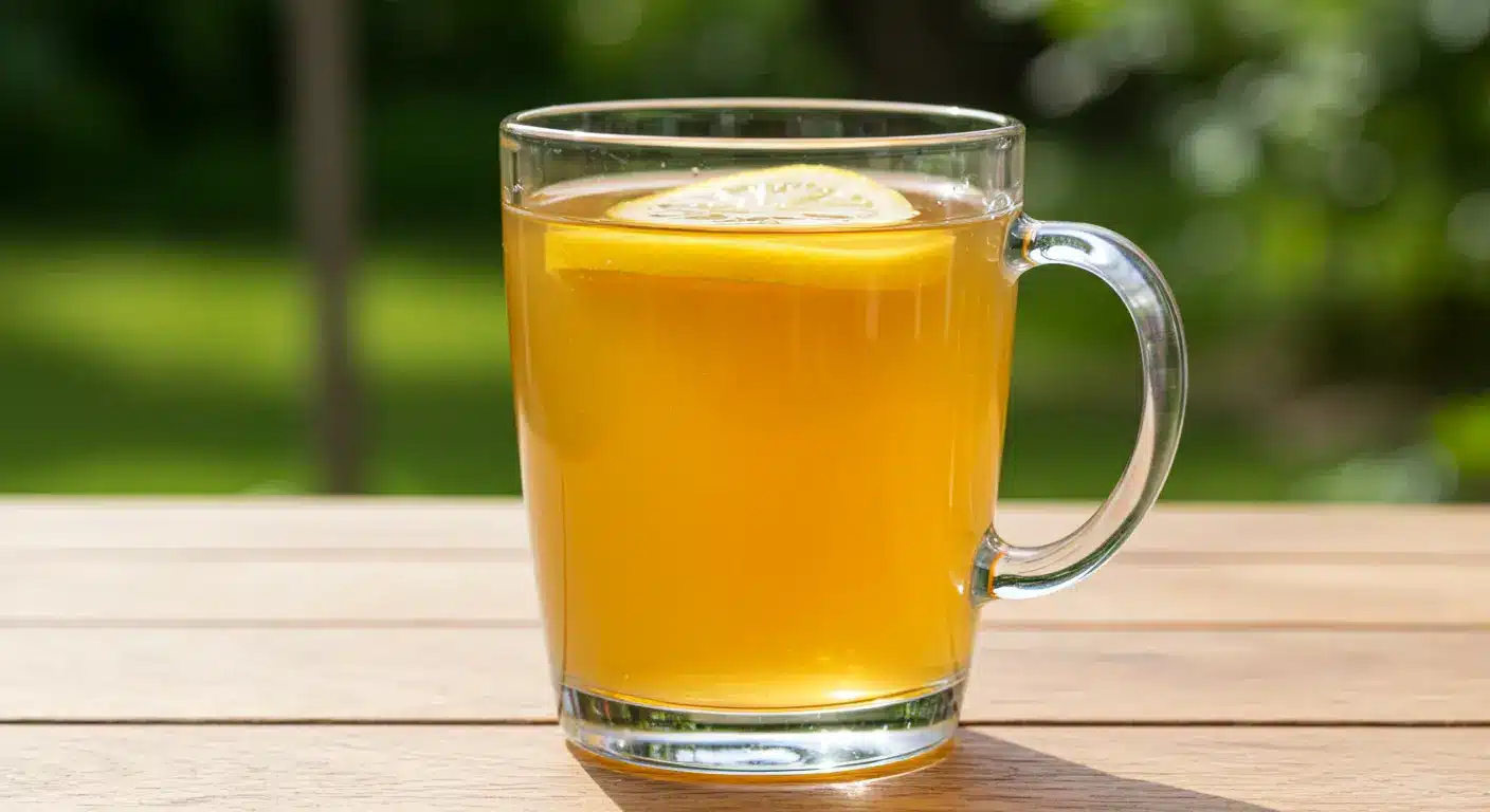 Natural Zepbound Recipe for Better, Reliable Results 2 Natural Zepbound recipe drink with lemon slice in clear glass mug at 45 degree angle on rustic wooden table